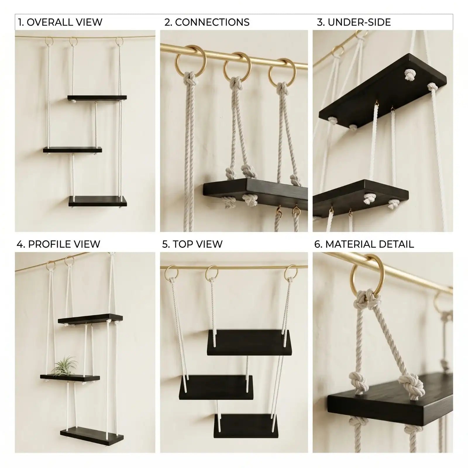 3-Tier Rope Hanging Shelf Wall Wraks