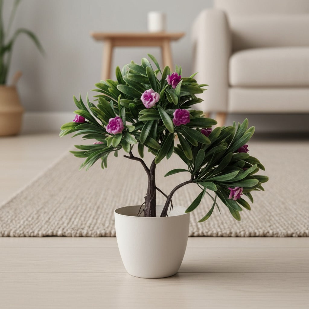 mini artificial pink blossom bonsai tree in white pot