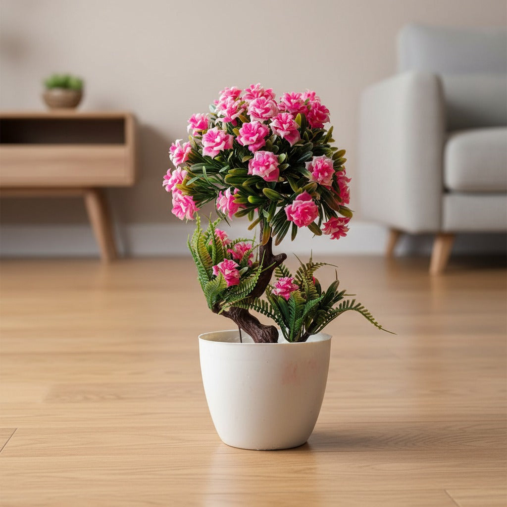 mini artificial pink blossom bonsai tree in white pot