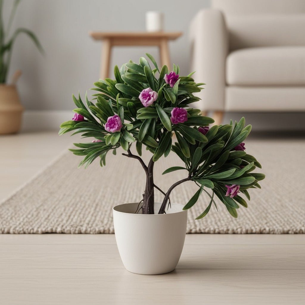 Mini Artificial Pink Blossom Bonsai Tree in White Pot