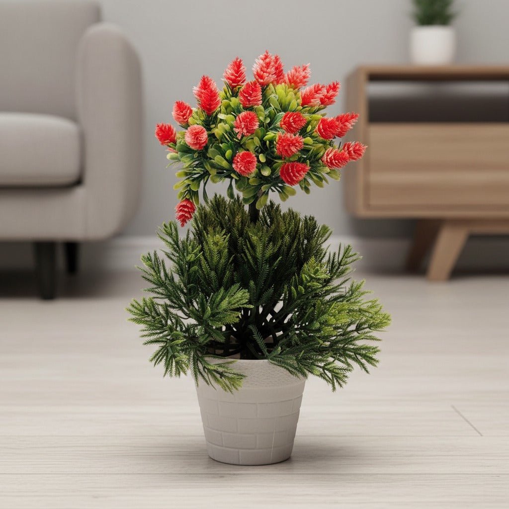 Mini Artificial Red Flower Topiary Plant in White Pot - DPKMP04